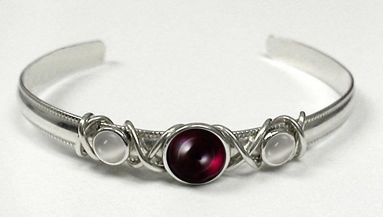 Sterling Silver Hand Made Cuff Bracelet With Garnet And White Moonstone